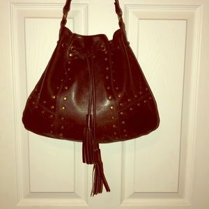 dark brown, leather, drawstring satchel